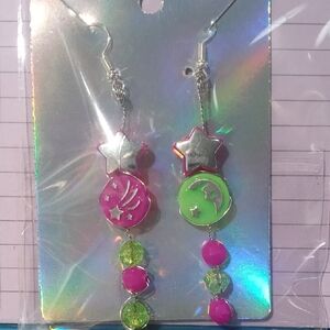 Star and Moon Dangle Earrings - Pink and Green